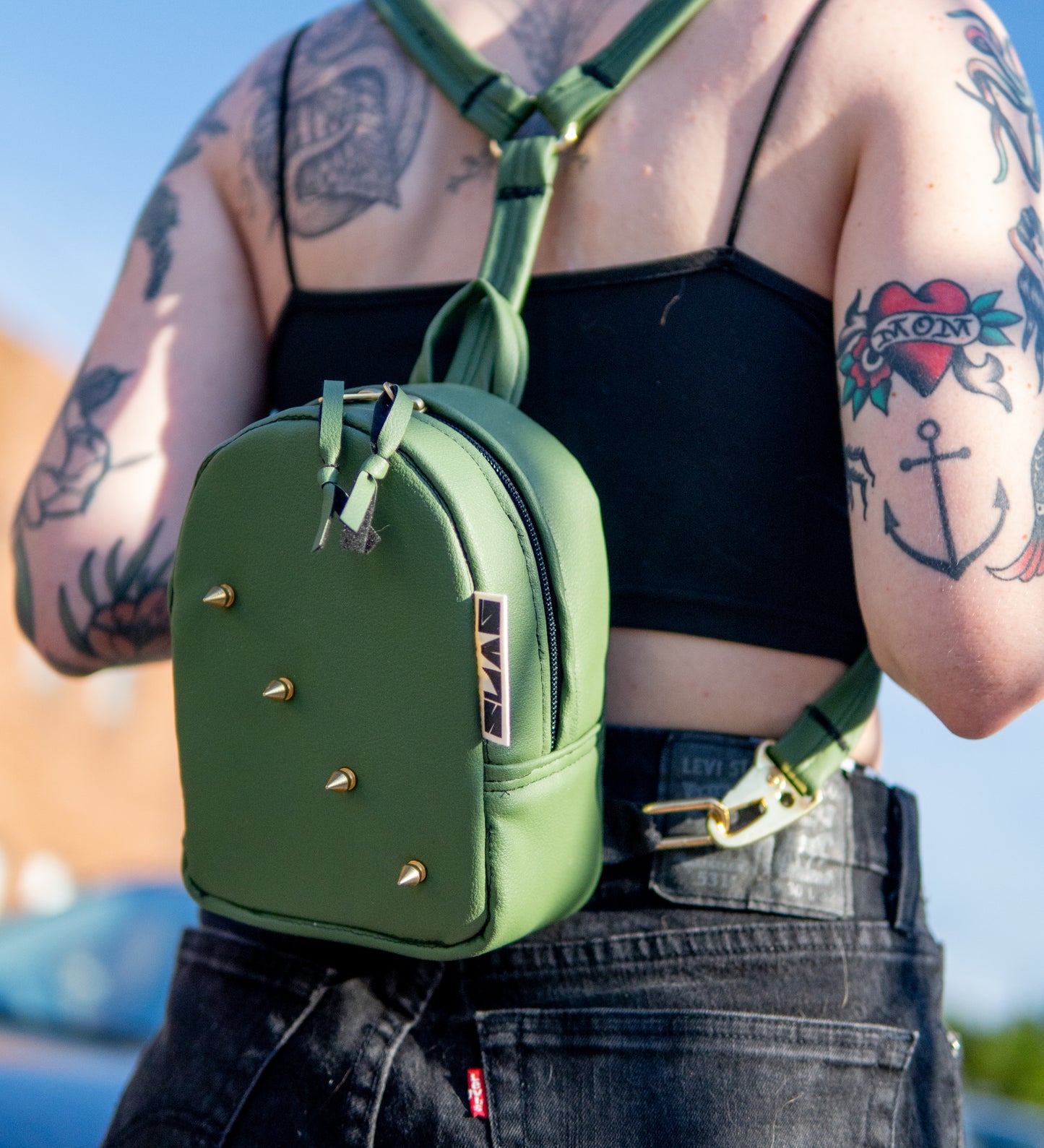 Studded Olive Vinyl Mini Backpack